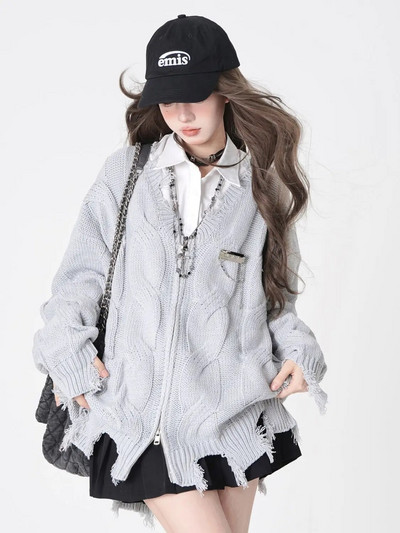 Pulovere largi cu decolteu în V Cardigan negru din tricot în stil distressed jachetă cu fermoar rupte y2k topuri cu mâneci lungi haine de stradă