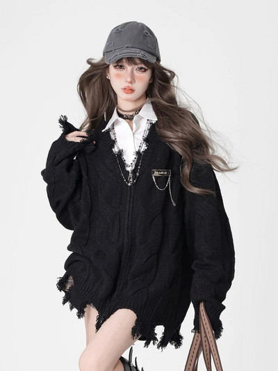 Pulovere largi cu decolteu în V Cardigan negru din tricot în stil distressed jachetă cu fermoar rupte y2k topuri cu mâneci lungi haine de stradă