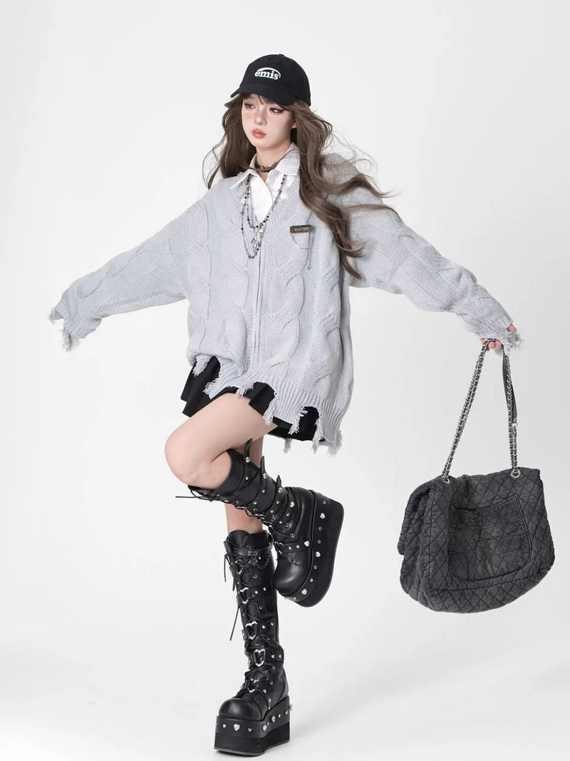 Laisvi megztiniai su V formos iškirpte juodi megzti megztiniai nelaimingo stiliaus striukė su užtrauktuku plėšyti y2k ilgomis rankovėmis viršutiniai drabužiai