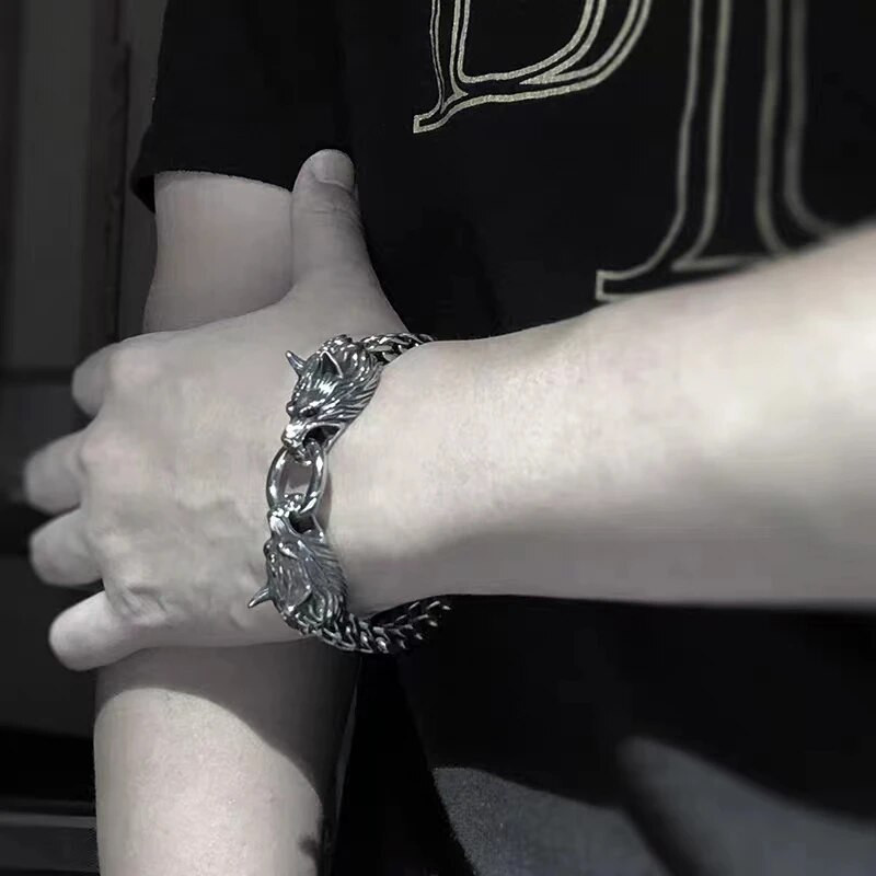 Brățară nordică dublu cu cap de lup din oțel inoxidabil Brățară cu lanț de plasă punk retro pentru bărbați Brățară cu animale Hip Hop Rock Trend Bijuterii