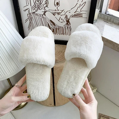 Moteriškos šlepetės namams Dirbtiniai kailiai Šilti plokščiapadžiai Batai Žiema Ruduo Moteriška Slide Mada Šlepetės Stilingos pliušinės šlepetės
