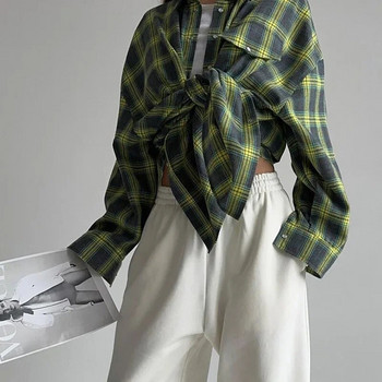 2024 Извънгабаритна карирана риза Есен Зима Дамска реколта с дълъг ръкав Модна свободна риза с джоб на ревера Подходяща блуза в корейски стил