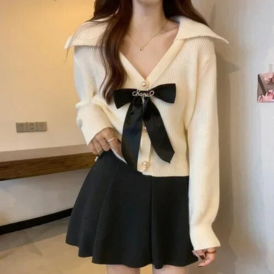 Gaganight femei cu decolteu în V bowknot Crăciun pulover roșu femei 2023 toamnă iarnă nou retro talie slăbire tricotat cardigan scurt