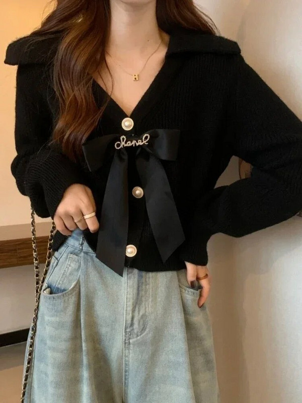 „Gaganight Women“ V kaklo „Bowknot“ kalėdinis raudonas megztinis, moteriškas 2023 m. rudens žiema, naujas retro juosmens liekninamas trumpas mezgimo megztinis