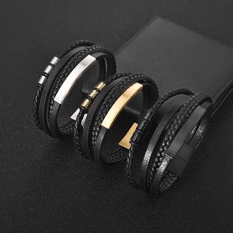 2023 m. naujo stiliaus rankomis austi kelių sluoksnių kombinuoti aksesuarai, nerūdijančio plieno vyriški odiniai apyrankės, vyriški papuošalai, didmeninė prekyba