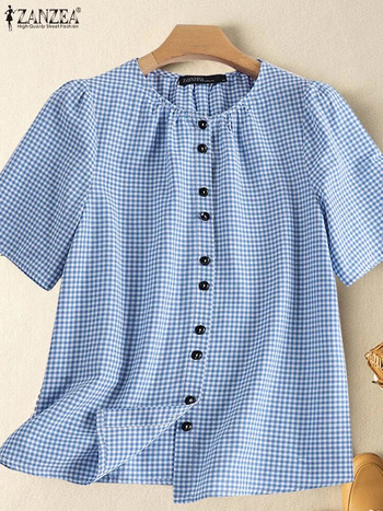 ZANZEA Fashion Grid Printed Shirt Лятна дамска блуза с карирани копчета с къс ръкав Femme Ежедневна празнична туника Горнища с големи размери 2023