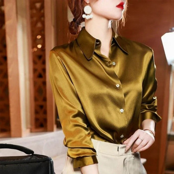 Марково качество Луксозна дамска риза Елегантна офис копчета Ризи с дълъг ръкав Momi Копринени креп Сатенени блузи Бизнес дамски топ