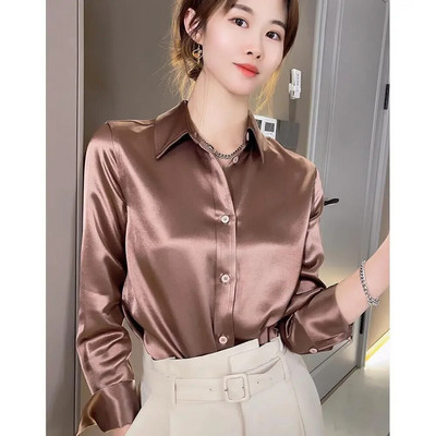 Prekės ženklo kokybės prabangūs moteriški marškiniai Elegantiški biuro marškinėliai ilgomis rankovėmis Momi Silk Crepe Satin Palaidinės Verslo moterims Topas