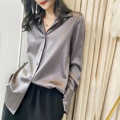 Prekės ženklo kokybės prabangūs moteriški marškiniai Elegantiški biuro marškinėliai ilgomis rankovėmis Momi Silk Crepe Satin Palaidinės Verslo moterims Topas