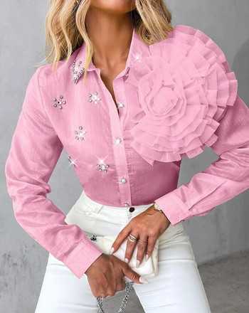 Μόδα γυναικεία μπλούζα Ανοιξιάτικο τριαντάφυλλο με λεπτομέρεια στρας Μονό στήθος casual απλό γυριστό γιακά με μακρυμάνικο καθημερινό πουκάμισο