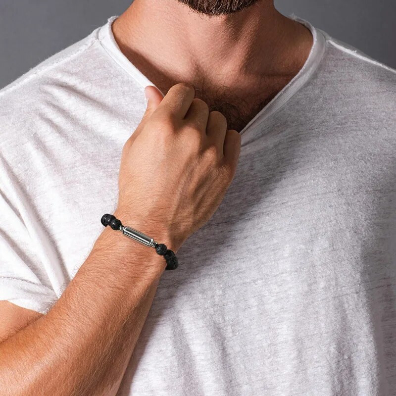 „Vnox“ vyriški paprasti lavos akmens karoliukai, urnos apyrankės, skirtos pelenams, tuščiavidurių vamzdelių kremavimo atminimo papuošalai, reguliuojamas ilgis