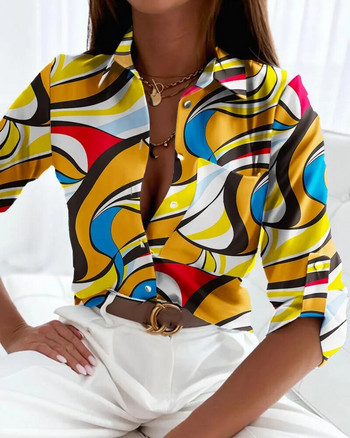 Блузи Дамски ежедневни ризи с щампи с дълъг ръкав Офис Елегантни ризи с копчета и блуза Пролет Есен Тънко горнище с джоб Femme
