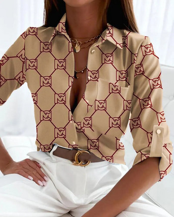 Блузи Дамски ежедневни ризи с щампи с дълъг ръкав Офис Елегантни ризи с копчета и блуза Пролет Есен Тънко горнище с джоб Femme