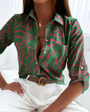 Γυναικείες μπλούζες Casual μακρυμάνικα στάμπα πουκάμισα γραφείου Κομψά πουκάμισα με κουμπιά και μπλούζα Άνοιξη φθινόπωρο Slim Pocket Femme