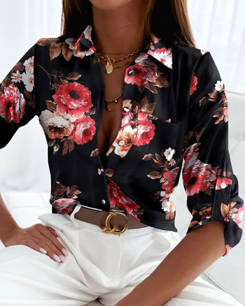 Модна офис риза с щампа на букви Есенна дамска едноредна блуза с ревер с дълъг ръкав Елегантен джоб Camisas De Mujer 2023