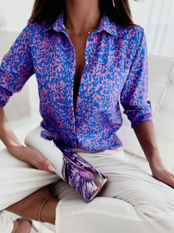 Модна офис риза с щампа на букви Есенна дамска едноредна блуза с ревер с дълъг ръкав Елегантен джоб Camisas De Mujer 2023