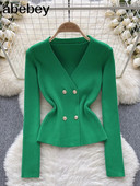 Cardigane Femei 2023 Toamna Bottoane Pulover tricotat cu decolteu in V Moda Tricoturi scurte Solid Albastru Verde Roz Pulovere de dama