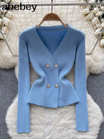 Жилетки Дамски 2023 Есенни копчета Плетен пуловер с V-образно деколте Модни къси трикотажни едноцветни синьо-зелени розови дамски джъмпери