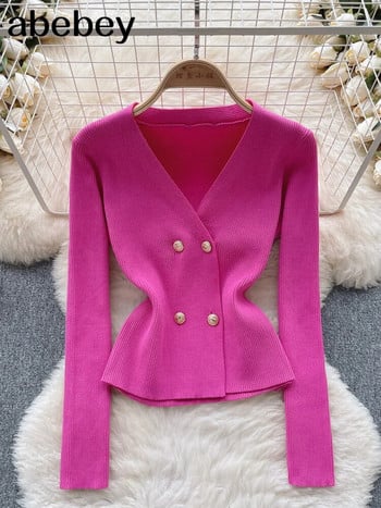 Жилетки Дамски 2023 Есенни копчета Плетен пуловер с V-образно деколте Модни къси трикотажни едноцветни синьо-зелени розови дамски джъмпери