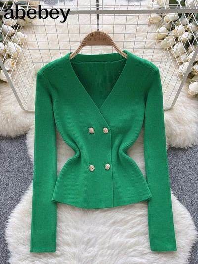 Cardigans Women 2023 Autumn Bottons V-neck Knitted Sweater Fashion Short Knitwear Solid Blue Green Pink Women`s Jumpers