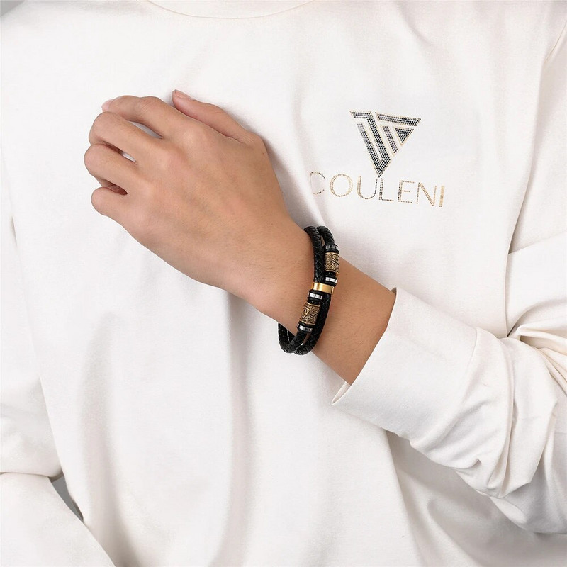 Punk bărbați stil vikingi brățară din piele naturală împletită cu mai multe straturi din oțel inoxidabil rune nordice brățări cu margele pentru cuplu bijuterii cadou