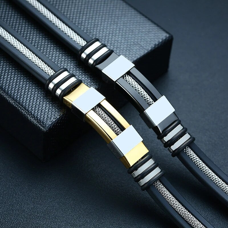 Vnox Brățară din oțel inoxidabil Brățară pentru încheietura mâinii pentru bărbați, cârmă neagră canelată, plasă din silicon, inserție, brățară punk, brățară elegantă casual