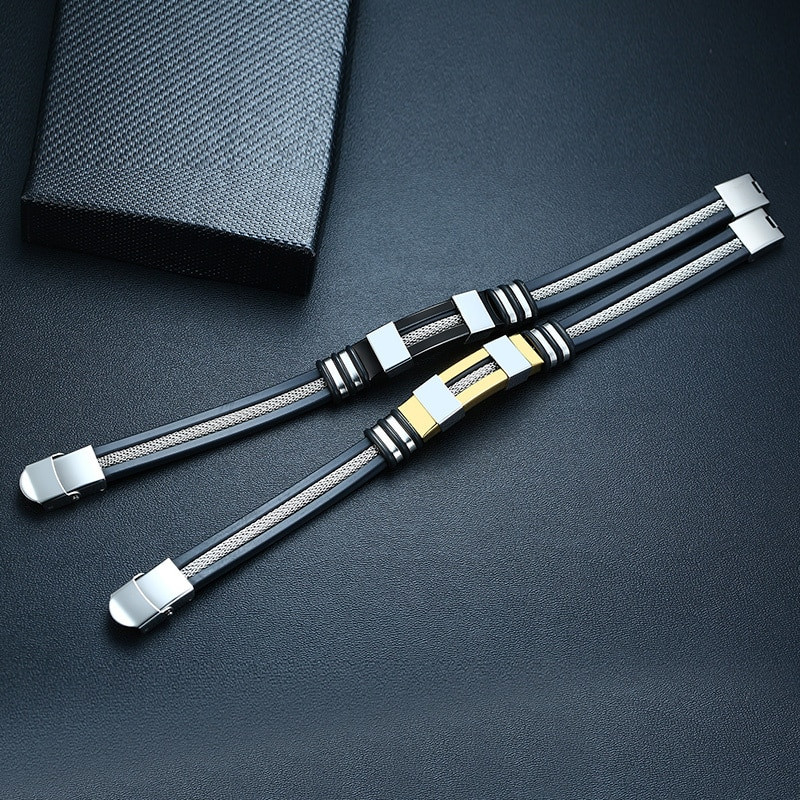 Vnox Brățară din oțel inoxidabil Brățară pentru încheietura mâinii pentru bărbați, cârmă neagră canelată, plasă din silicon, inserție, brățară punk, brățară elegantă casual