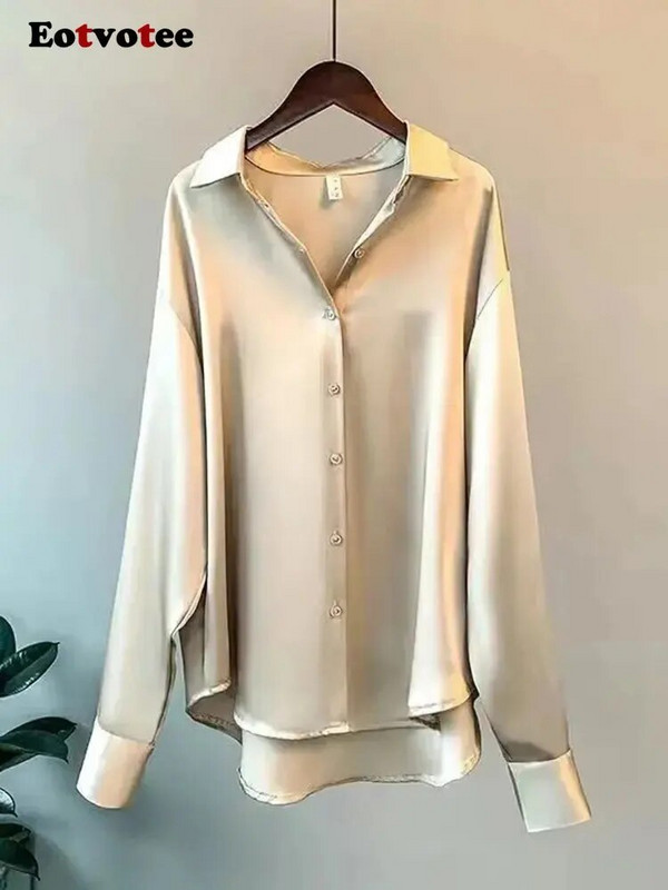 Eotvotee Bluză cu mânecă lungă din SATIN Cămașă cu nasturi pentru femei, vara 2022, pentru femei, elegante, topuri de birou pentru dama de modă coreeană