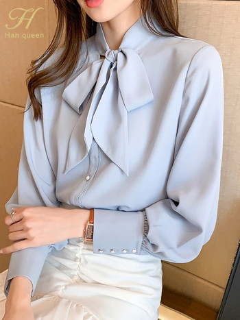 H Han Queen Μπλουζάκι New Arrival Γυναικεία μπλούζα Vintage Work Casual τοπ μπλούζες Chiffon Μπλούζα Φιόγκος Κομψά φαρδιά γυναικεία επαγγελματικά πουκάμισα 2021