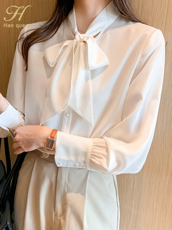 H Han Queen Нова пристигаща риза Дамска блуза Винтидж работни ежедневни топове Шифонена блуза с панделка Елегантни свободни дамски бизнес ризи 2021