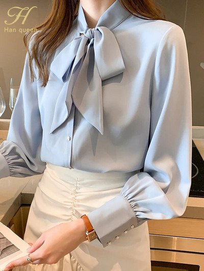 H Han Queen Нова пристигаща риза Дамска блуза Винтидж работни ежедневни топове Шифонена блуза с панделка Елегантни свободни дамски бизнес ризи 2021