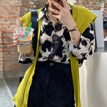 Ризи с копчета с кравешки принт Дамска блуза с дълъг ръкав Корейска мода Широки дрехи Шифонена риза Улично облекло Топове Пролетно ново 13486