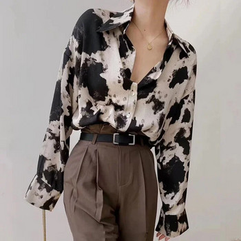 Ризи с копчета с кравешки принт Дамска блуза с дълъг ръкав Корейска мода Широки дрехи Шифонена риза Улично облекло Топове Пролетно ново 13486