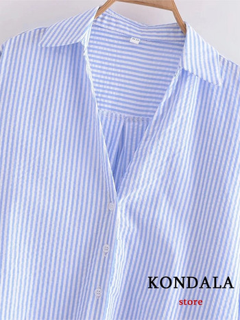 KONDALA Ежедневни ризи с V-образно деколте с принт на райета Дамски големи офис дамски ризи с дълъг ръкав Модни летни есенни блузи 2023 г. Топ