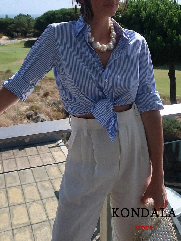 KONDALA cămăși casual în dungi cu decolteu în V, femei, cu mânecă lungă, cămăși supradimensionate pentru femei, la modă 2023, vară, toamnă, bluze, top