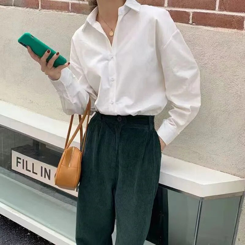 Rudens drabužiai Korėjos moteriški marškiniai ilgomis rankovėmis Harajuku pavasario korėjietiško stiliaus madingi palaidiniai marškiniai balti vintažiniai moteriški laisvalaikio viršūnės