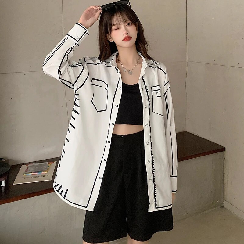 Kaliforniai égbolt graffiti mintás ingek Új, elegáns női blúzok 2024 tavaszi nyári felsők, bő Blusas Mujer