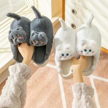 2022 Νέες χαριτωμένες παντόφλες γάτας Γυναικείες χειμερινές παντόφλες για το σπίτι Γούνινες παντόφλες εσωτερικού δαπέδου Kawaii Παπούτσια δαπέδου Αντιολισθητικές Χνουδωτές χειμερινές ζεστές παντόφλες