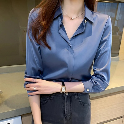 Cămăși din mătase Cămăși cu mânecă lungă pentru femei Bluze pentru femei Îmbrăcăminte din satin Cămașă Office Lady Bluză cămașă din mătase solidă 2023 Top la modă