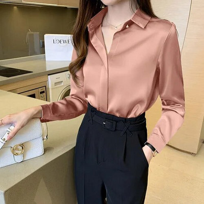 Cămăși din mătase Cămăși cu mânecă lungă pentru femei Bluze pentru femei Îmbrăcăminte din satin Cămașă Office Lady Bluză cămașă din mătase solidă 2023 Top la modă