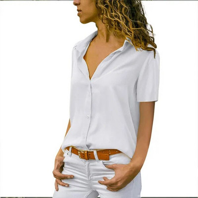 Moteriškos vientisos baltos palaidinės palaidinės Biuro moteriškos darbo šifoninės sagos 2022 m. vasaros trumpomis rankovėmis geltonos raudonos moteriškos palaidinės Moteriški marškiniai