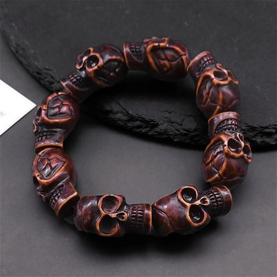 Muška narukvica s rezbarenom gotičkom lubanjom Vintage ženske narukvice Retro narukvica s privjeskom od drvenog kostura Nakit za Noć vještica Poklon pulsera hombre