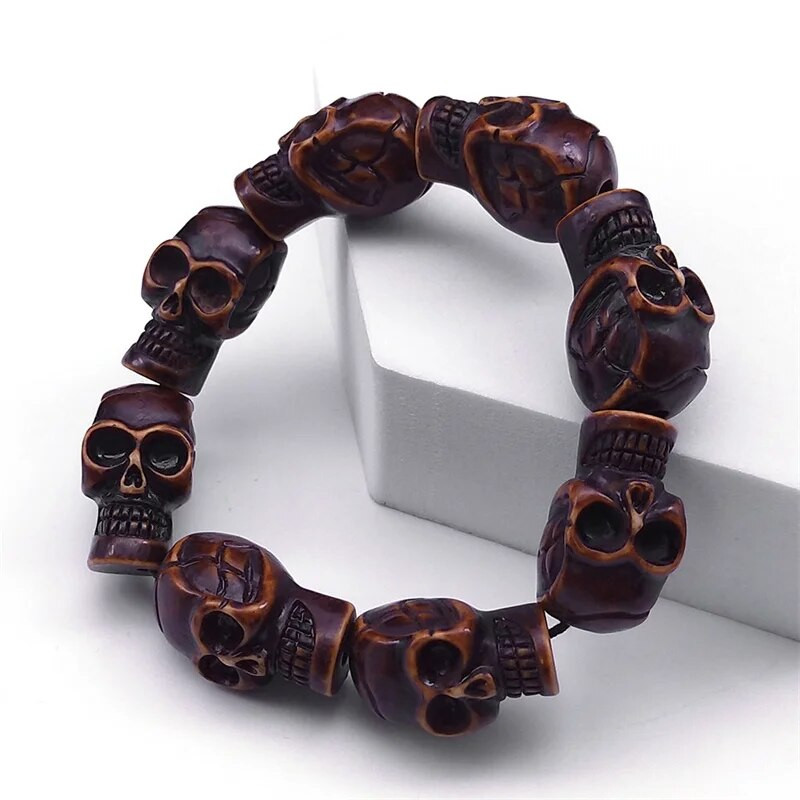Muška narukvica s rezbarenom gotičkom lubanjom Vintage ženske narukvice Retro narukvica s privjeskom od drvenog kostura Nakit za Noć vještica Poklon pulsera hombre