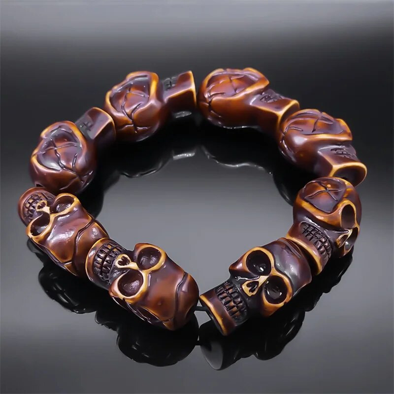 Muška narukvica s rezbarenom gotičkom lubanjom Vintage ženske narukvice Retro narukvica s privjeskom od drvenog kostura Nakit za Noć vještica Poklon pulsera hombre