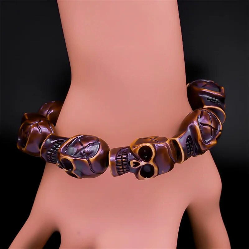 Muška narukvica s rezbarenom gotičkom lubanjom Vintage ženske narukvice Retro narukvica s privjeskom od drvenog kostura Nakit za Noć vještica Poklon pulsera hombre