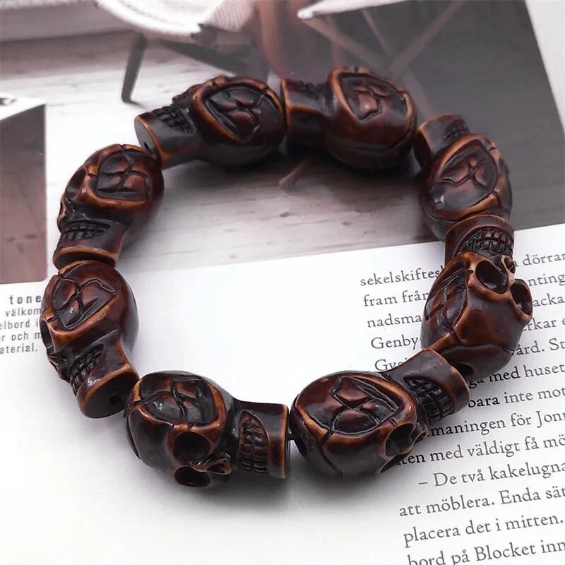 Muška narukvica s rezbarenom gotičkom lubanjom Vintage ženske narukvice Retro narukvica s privjeskom od drvenog kostura Nakit za Noć vještica Poklon pulsera hombre