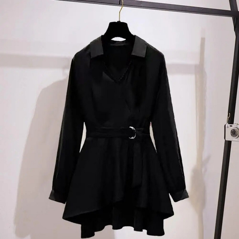 M-4XL naiste särk reväär V kaelusega pikkade varrukatega, ebaregulaarne ääris pluss suuruses, vöökohalt pingul reguleeritav vööga pullover särk Naiste riided