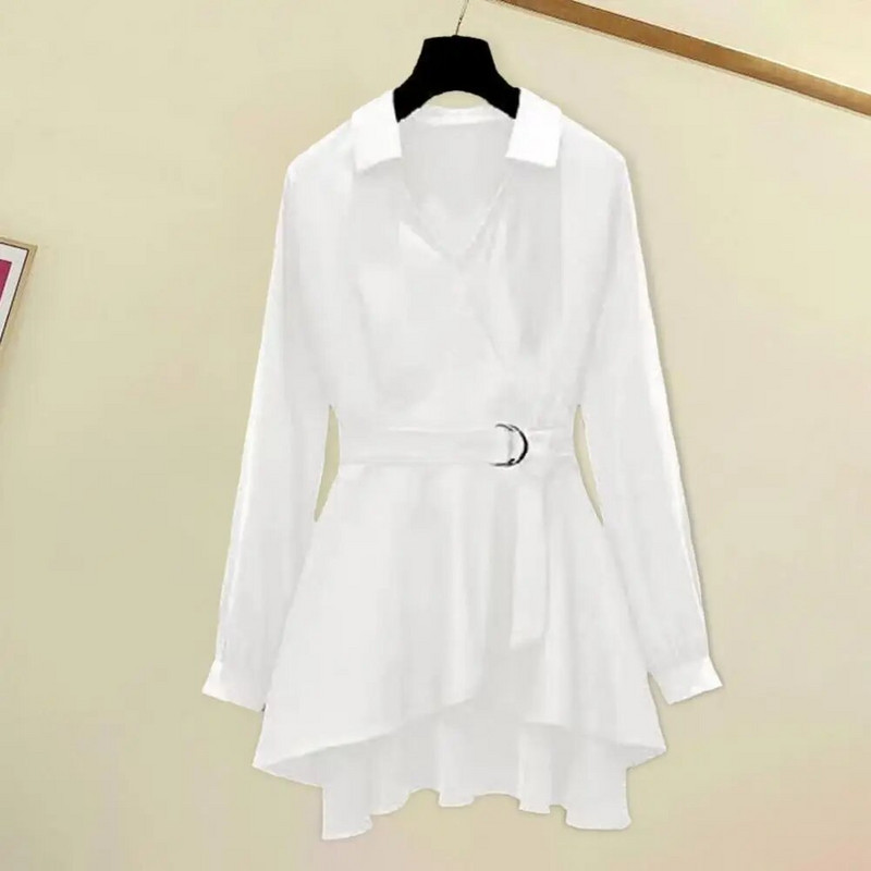 M-4XL naiste särk reväär V kaelusega pikkade varrukatega, ebaregulaarne ääris pluss suuruses, vöökohalt pingul reguleeritav vööga pullover särk Naiste riided