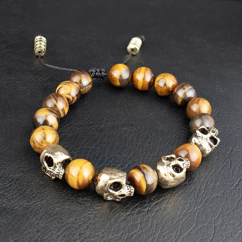 Brățară unică cu craniu de agat ochi de tigru Brățări vintage reglabile cu margele Punk Hip Hop Accesorii de bijuterii pentru bărbați Dropshipping