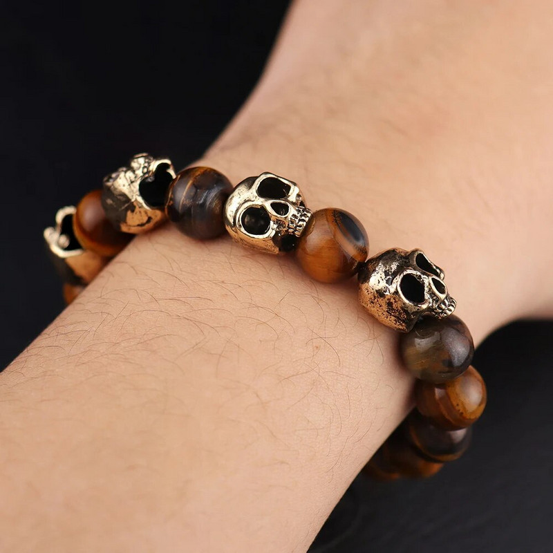 Brățară unică cu craniu de agat ochi de tigru Brățări vintage reglabile cu margele Punk Hip Hop Accesorii de bijuterii pentru bărbați Dropshipping